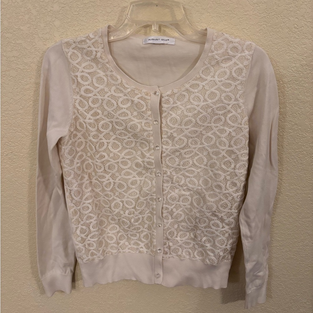 August Silk Cream Lace Overlay Feminine Women's Cardigan, Size S